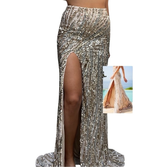 Sherri Hill Striped Sequin Beaded Formal Gold Prom Slit Maxi Skirt 51737 Size 0 - Picture 3 of 11